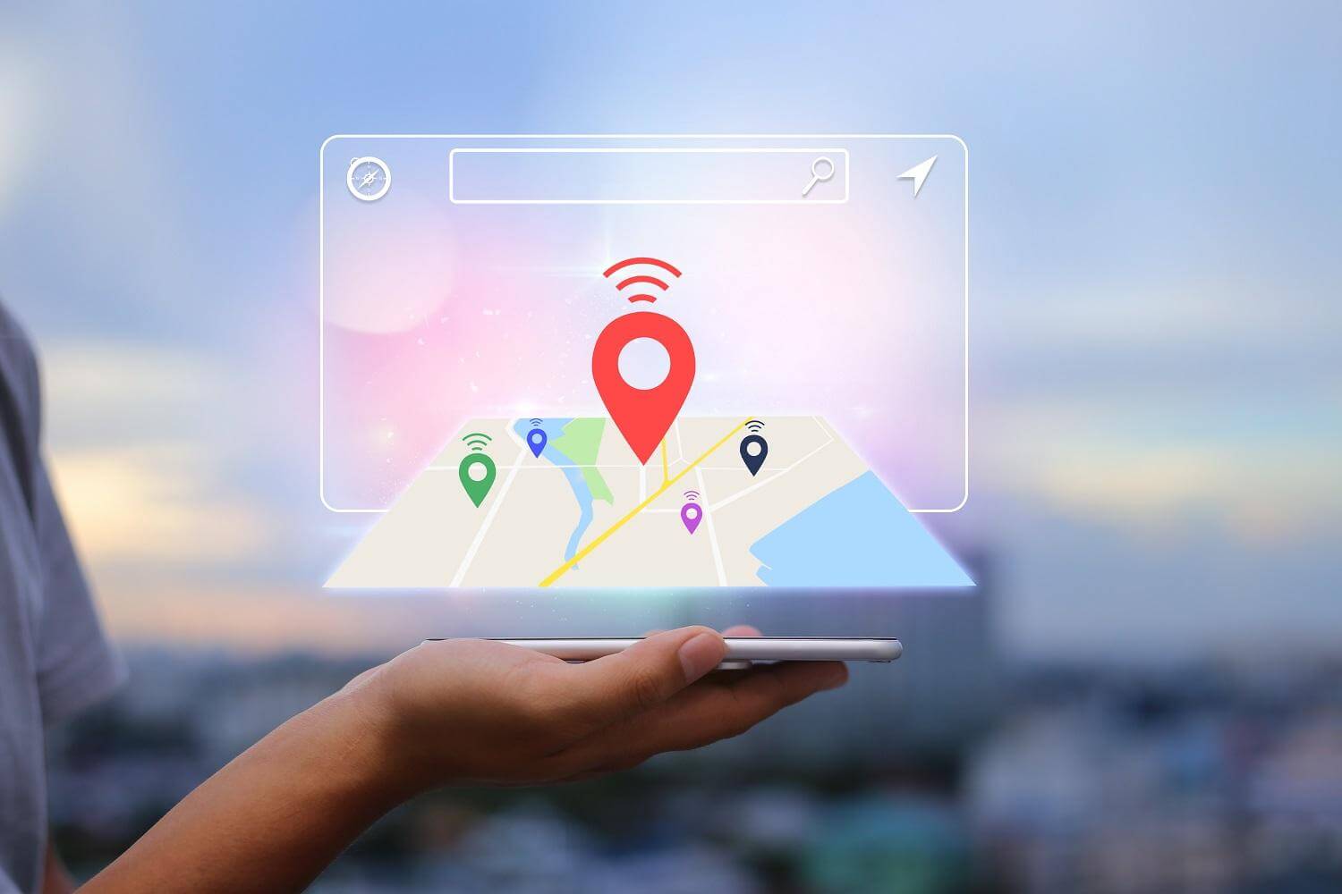 Pessoa com um mapa digital na mão e diversos pontos de localização exibindo empresas e negócios em sua região que usam seo local