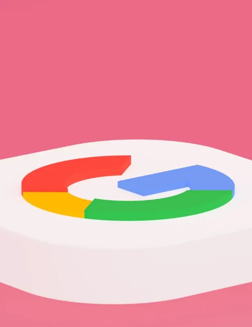logo do Google em 3D e uma cor rosa como plano de fundo