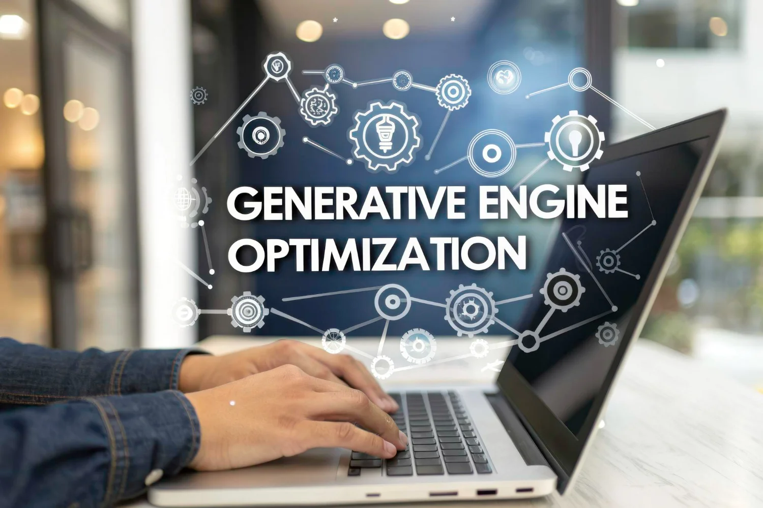 Homem usa notebook e tela apresenta o texto “Generative Engine Optimization”, ilustrando o Digital PR para GEO