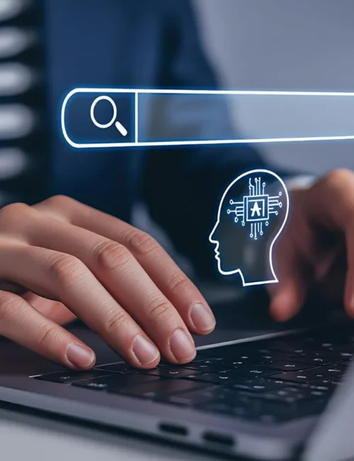 Mulher fazendo pesquisa em um buscador com inteligência artificial, simbolizando o E-E-A-T e citações de marca na IA.