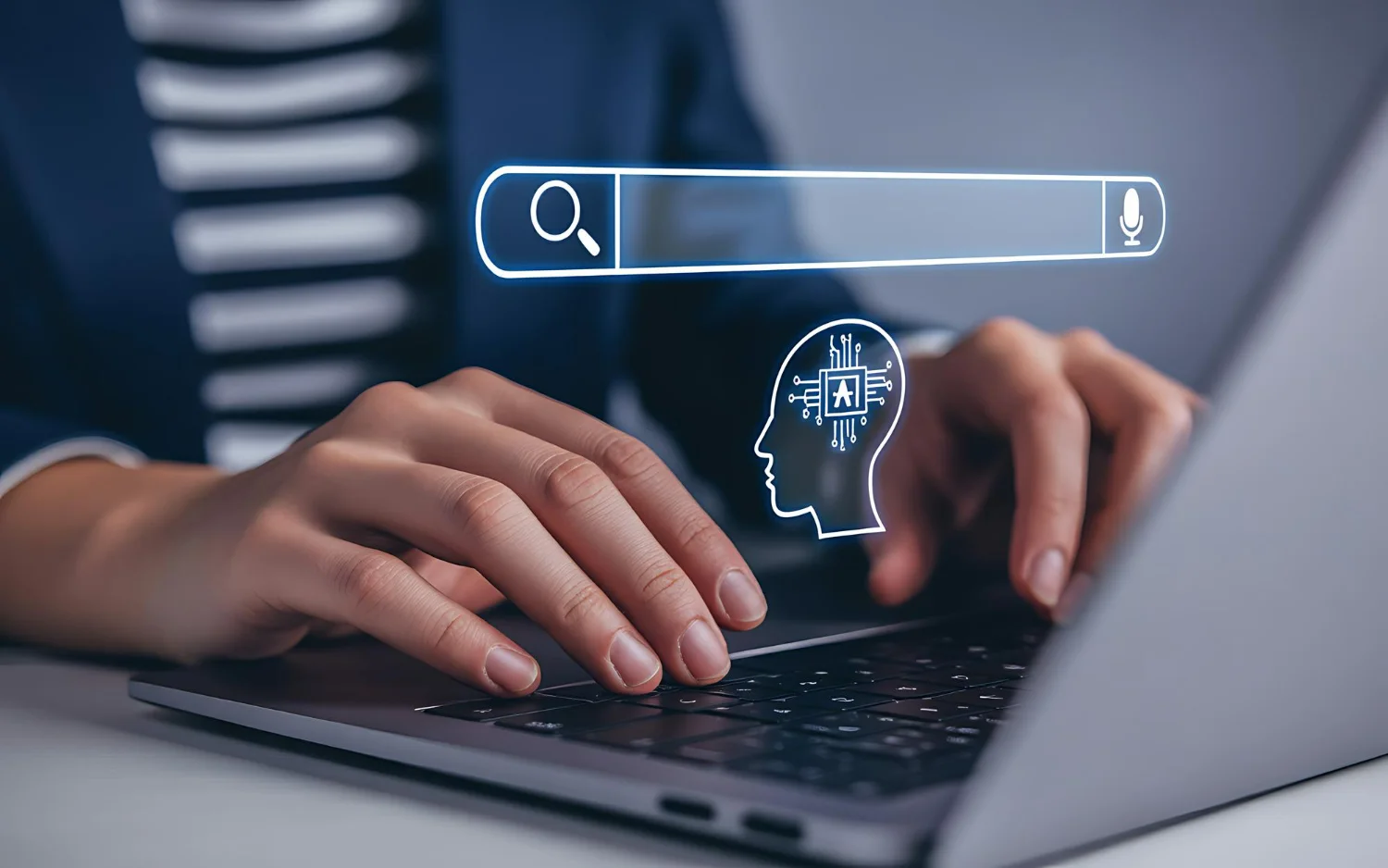 Mulher fazendo pesquisa em um buscador com inteligência artificial, simbolizando o E-E-A-T e citações de marca na IA.
