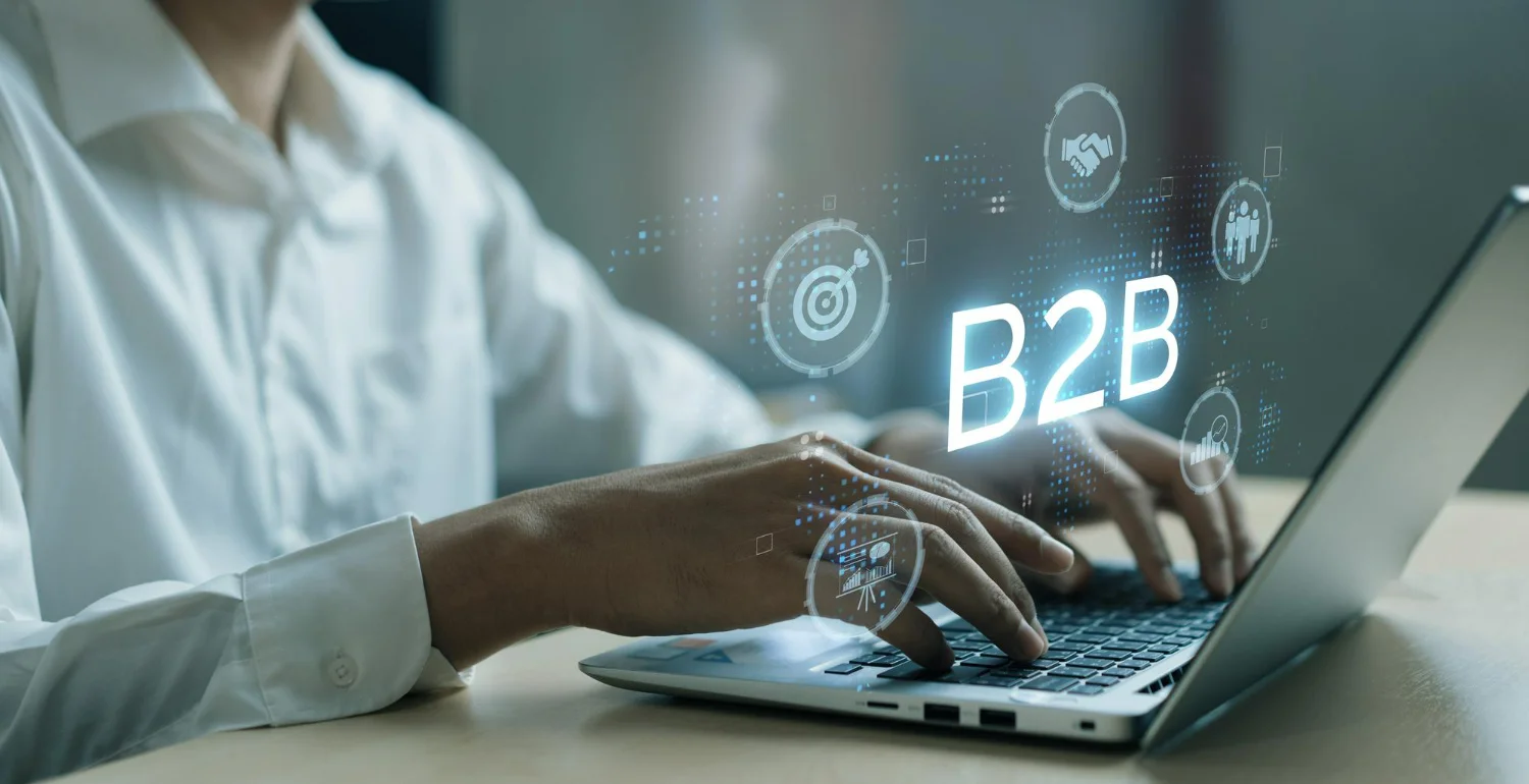 Profissional usa notebook e um ícone apresenta o termo B2B, representando o GEO para empresas B2B